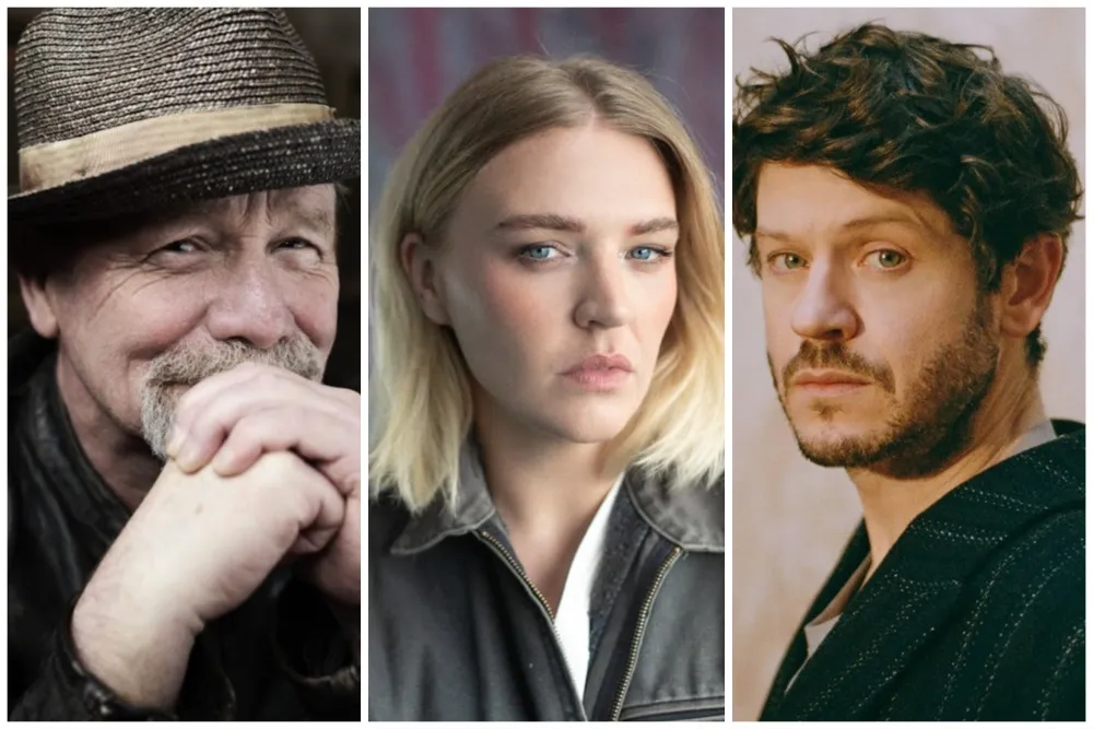 Peter Mullan, Rebecca Lucy Taylor, and Iwan Rheon standing on a mountain peak
