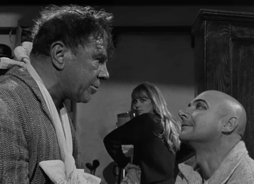 A vintage film projector casting light onto a screen, with iconic directors' names like Polanski and Buñuel subtly visible.