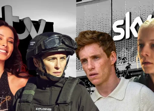 Logos of Sky and ITV merging, symbolizing a big television deal.