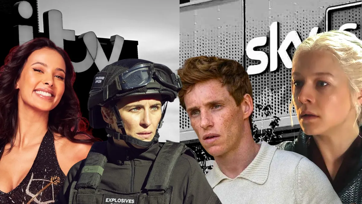 Logos of Sky and ITV merging, symbolizing a big television deal.