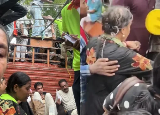 Actress Shabana Azmi being helped by supporters at a protest in Delhi.