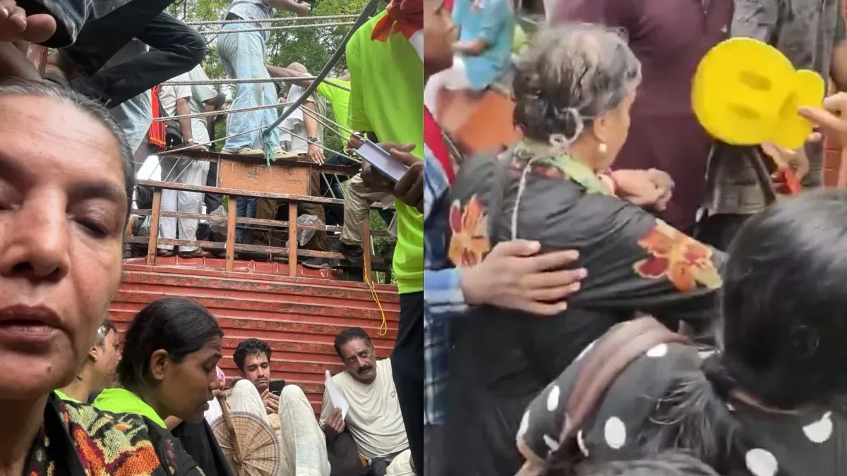 Actress Shabana Azmi being helped by supporters at a protest in Delhi.