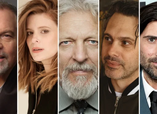 A collage of actors Vincent D'Onofrio, Kate Mara, and Oscar Isaac