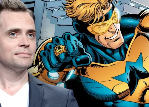 Booster Gold, a man in a gold and blue superhero suit, looking disappointed.