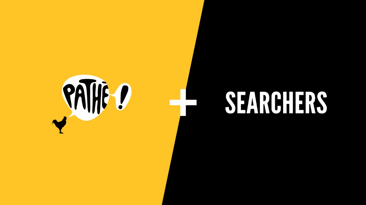 Pathé and The Searchers logos side by side, symbolizing their new partnership in film distribution.