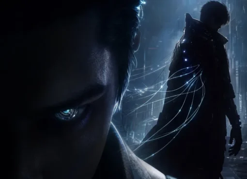 A vibrant, artistic still from the animated interactive film 'Replica,' showing characters in a dynamic scene.