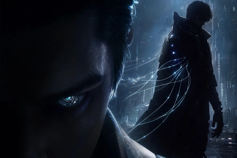 A vibrant, artistic still from the animated interactive film 'Replica,' showing characters in a dynamic scene.