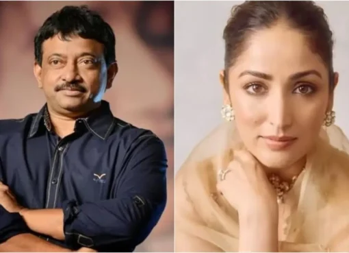 Ram Gopal Varma smiling and Yami Gautam holding an award.
