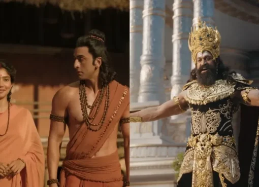 Yash as Ravana in a dramatic pose from the Ramayana trailer, with powerful visual effects.