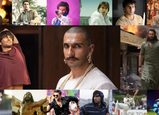 Ranveer Singh smiling and posing in a colorful outfit