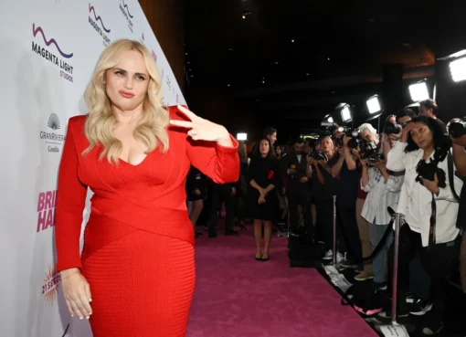 Rebel Wilson smiling confidently at an event, looking happy.