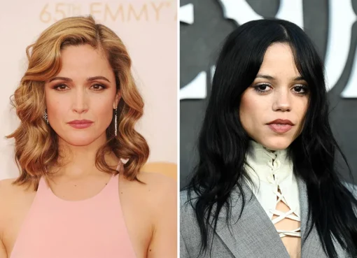Rose Byrne and Jenna Ortega, looking determined, with a blurry image of a gymnastics floor in the background.