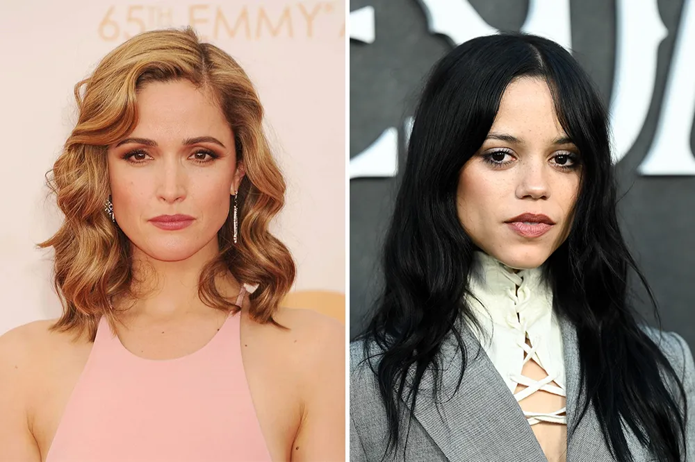 Rose Byrne and Jenna Ortega, looking determined, with a blurry image of a gymnastics floor in the background.