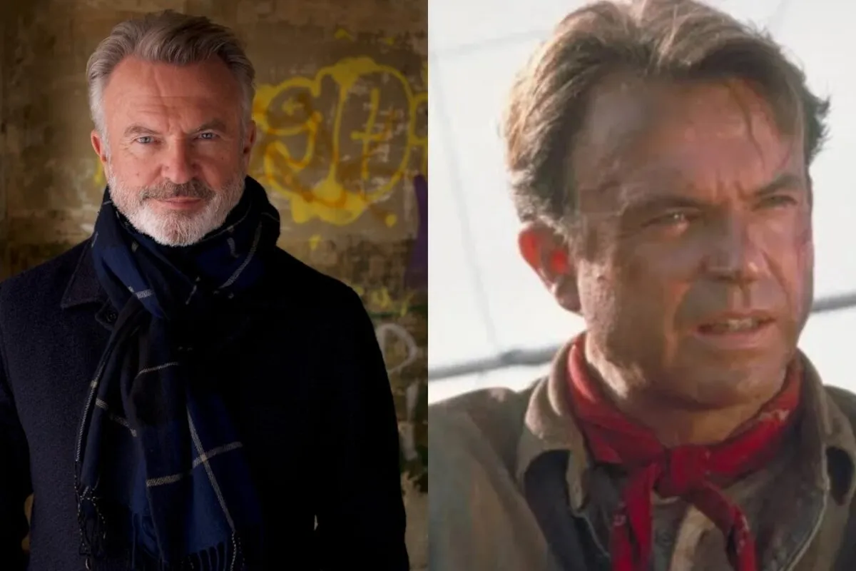 Sam Neill smiling warmly, perhaps with a backdrop of green vineyards.
