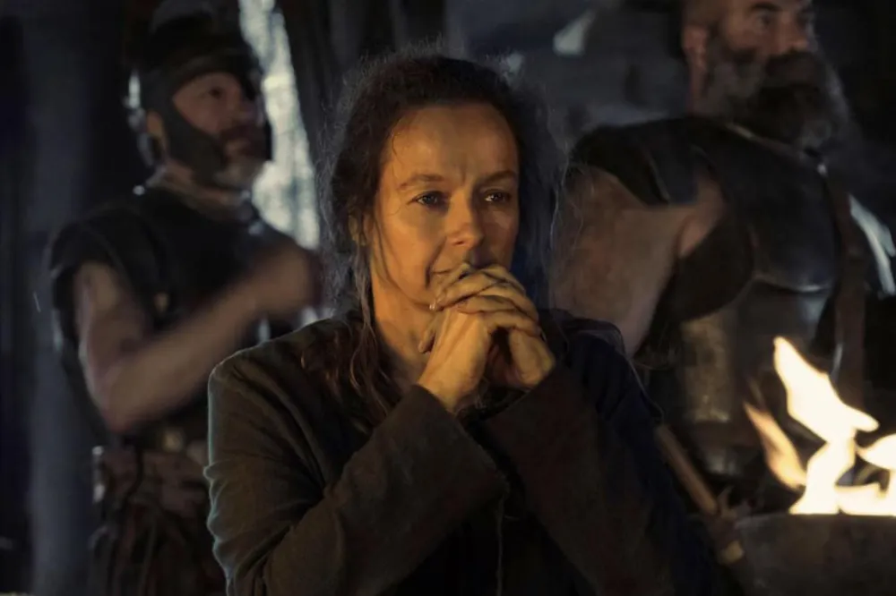 Samantha Morton with intense eyes, looking powerful and mystical as Circe in 'The Odyssey'.