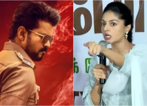 Sanam Shetty talking to reporters outside a protest venue.
