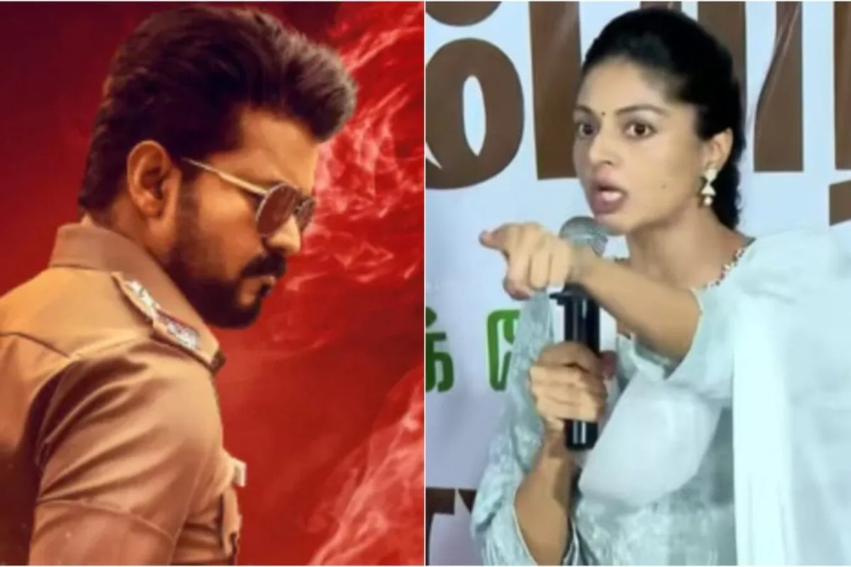 Sanam Shetty talking to reporters outside a protest venue.