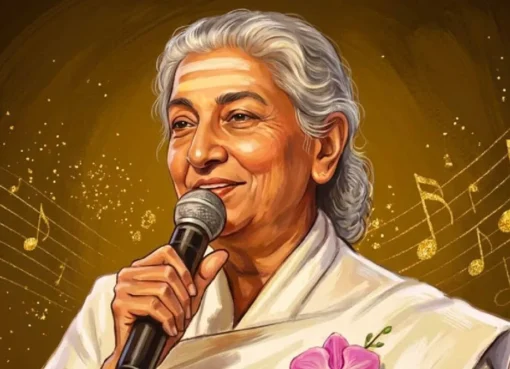 A portrait of singer S. Janaki.