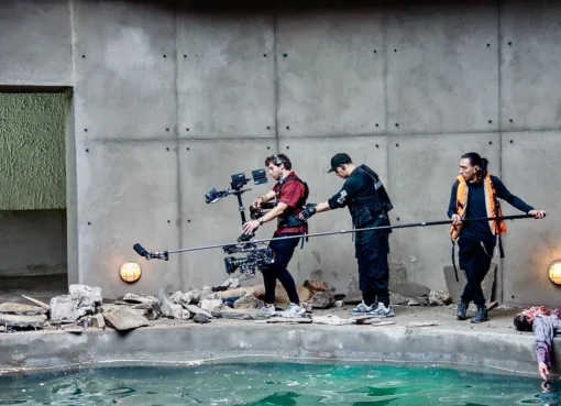 Film crew setting up a movie shot in lush Colombian mountains with mist.