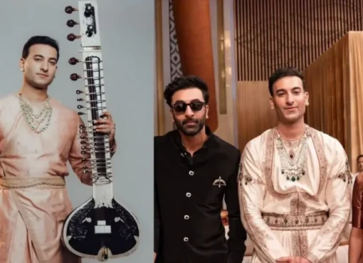 Rishab Rikhiram Sharma, a young man, plays the sitar with focused intensity.