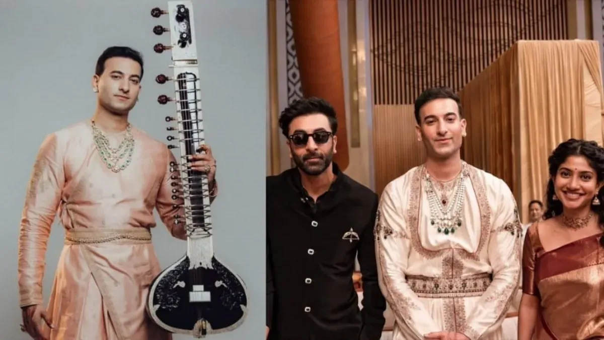 Rishab Rikhiram Sharma, a young man, plays the sitar with focused intensity.