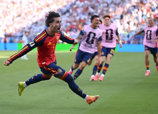 Soccer players celebrating a goal during the World Cup Final.