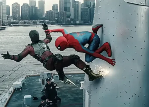 Spider-Man swinging through a city