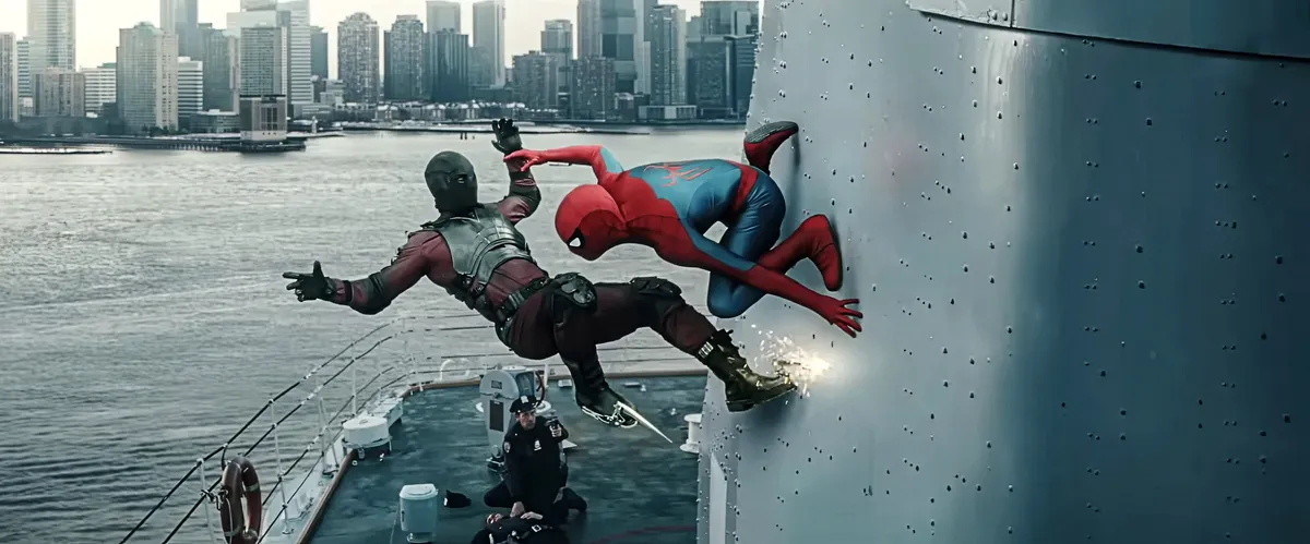 Spider-Man swinging through a city