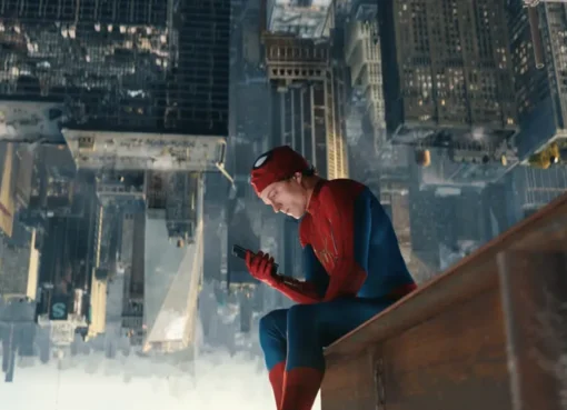 Spider-Man swinging through a brightly colored city