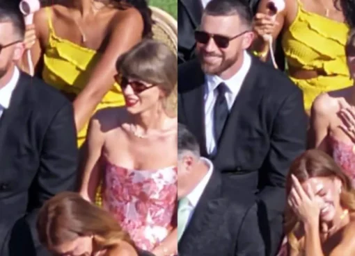 Taylor Swift in a pink floral dress standing next to Travis Kelce at a California event.