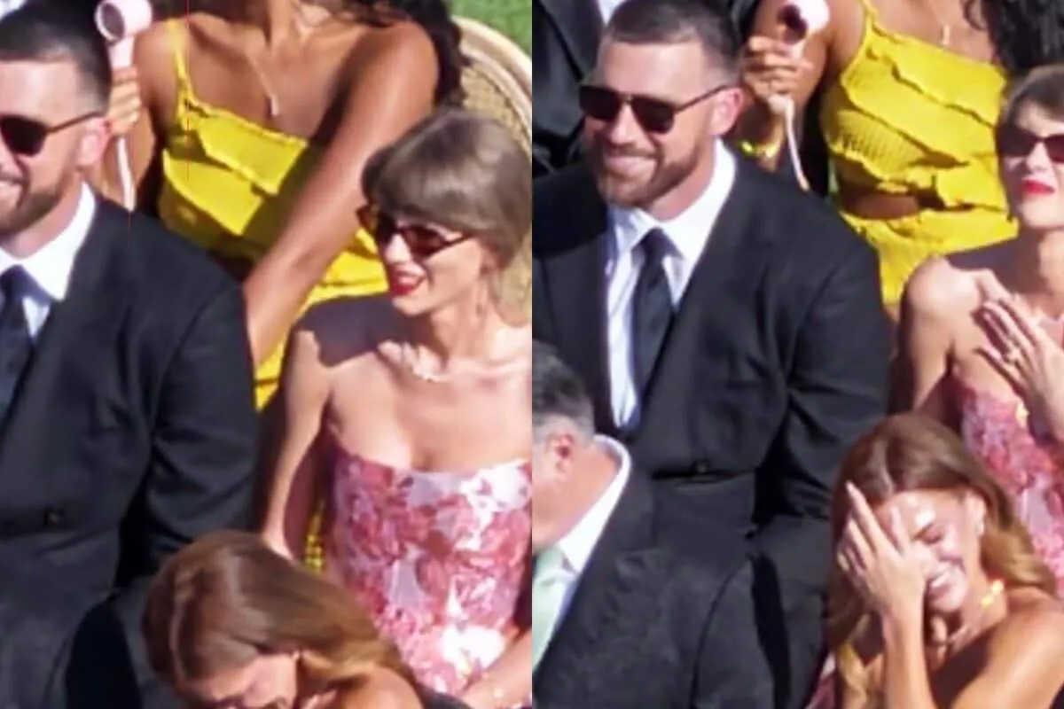Taylor Swift in a pink floral dress standing next to Travis Kelce at a California event.