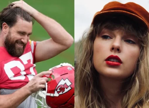 Taylor Swift and Travis Kelce smiling together at a public event.