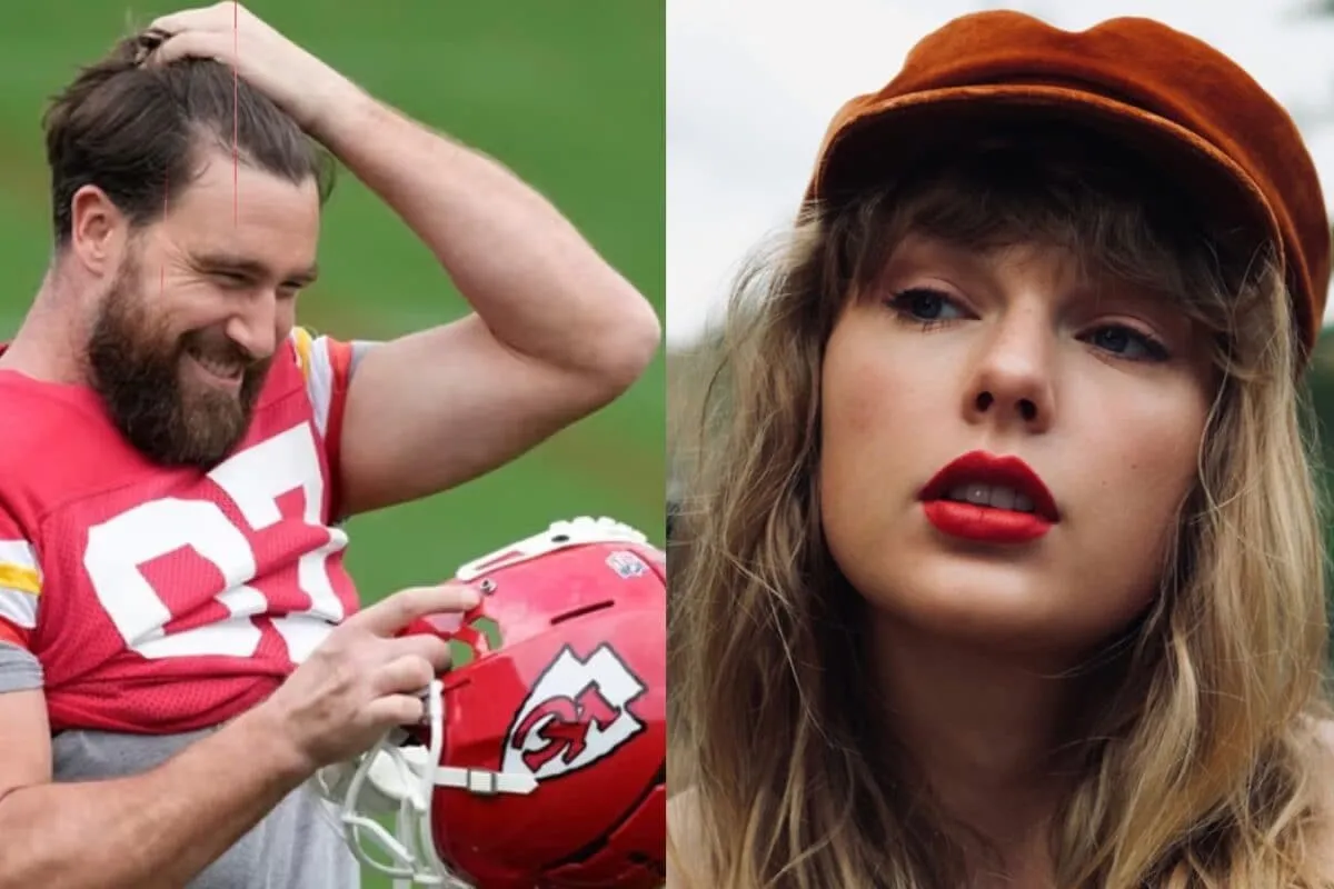Taylor Swift and Travis Kelce smiling together at a public event.