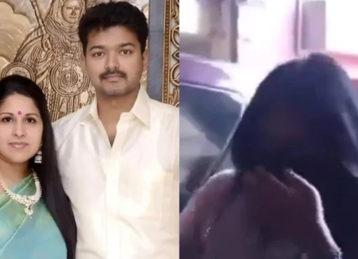 A blurred still from a video showing a woman resembling Sangeetha in a cinema hall.