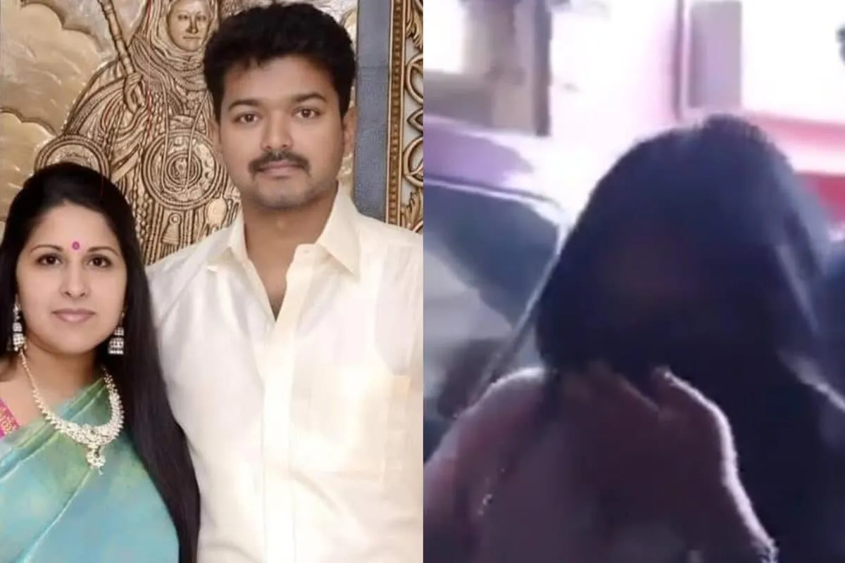 A blurred still from a video showing a woman resembling Sangeetha in a cinema hall.