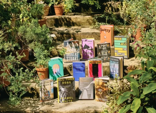 A stack of thick novels with colorful artistic covers sitting on a clean white shelf.