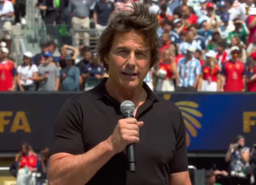 Tom Cruise on stage at the World Cup final.