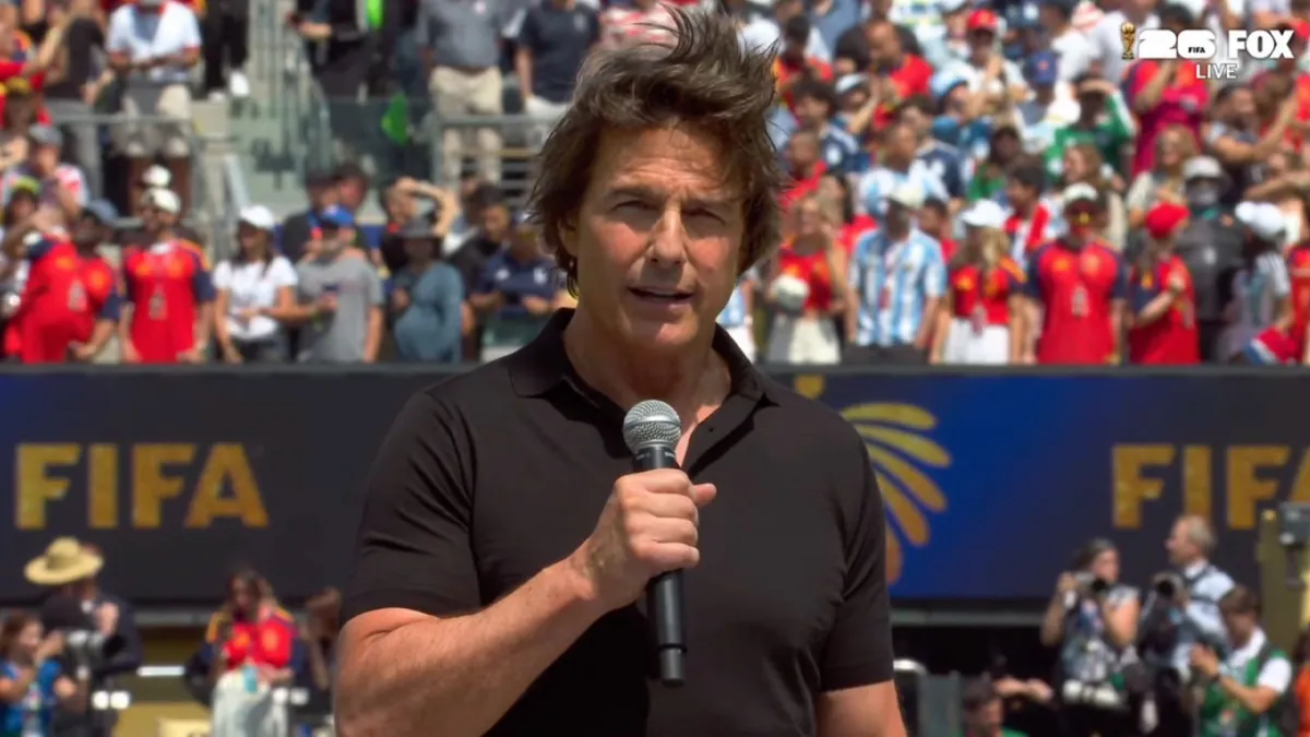 Tom Cruise on stage at the World Cup final.