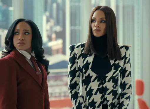 A promotional image from Tyler Perry's 'Beauty in Black' featuring the main cast looking intense and stylish.