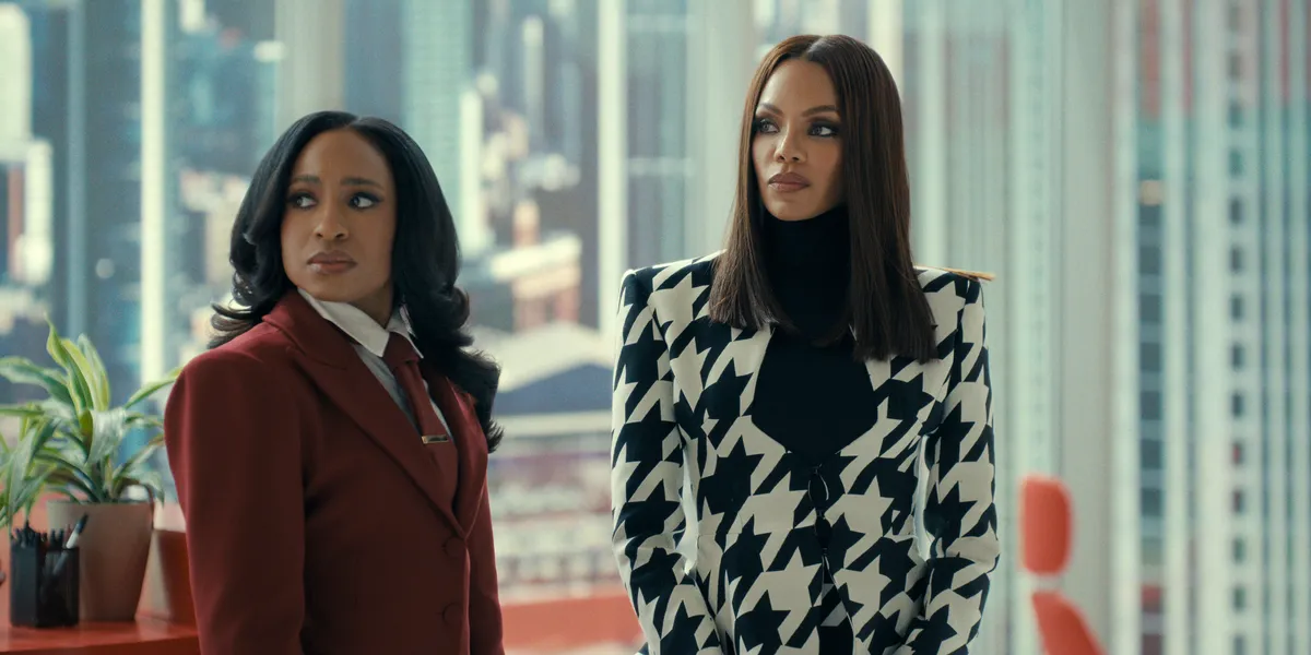 A promotional image from Tyler Perry's 'Beauty in Black' featuring the main cast looking intense and stylish.