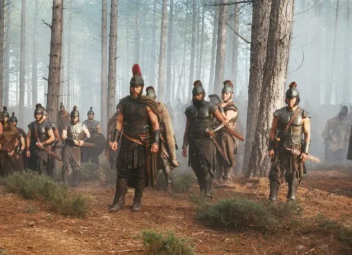 A dramatic still from Christopher Nolan's 'The Odyssey' movie, showing an epic scene.