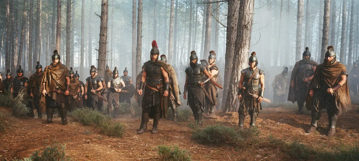 A dramatic still from Christopher Nolan's 'The Odyssey' movie, showing an epic scene.