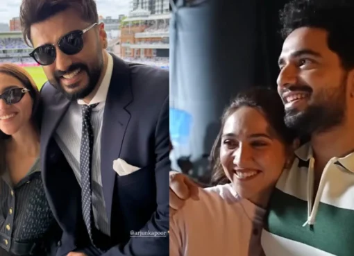 Sahiba Bali smiling casually next to Arjun Kapoor at Lord's cricket ground.