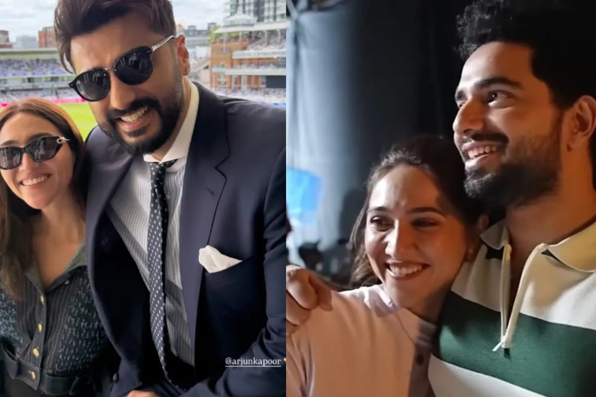 Sahiba Bali smiling casually next to Arjun Kapoor at Lord's cricket ground.