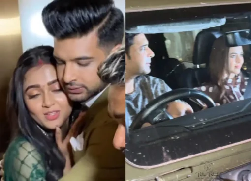 Tejasswi Prakash wearing red sindoor while walking with Karan Kundrra