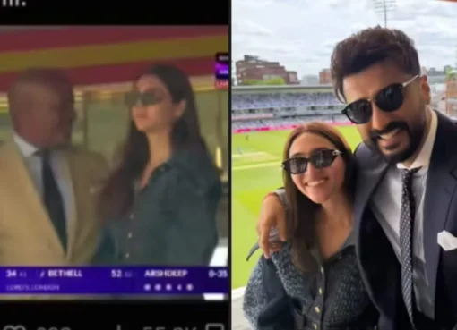 Sahiba Bali smiling warmly at a cricket match at Lord's, possibly in a stylish outfit, amidst a crowd.