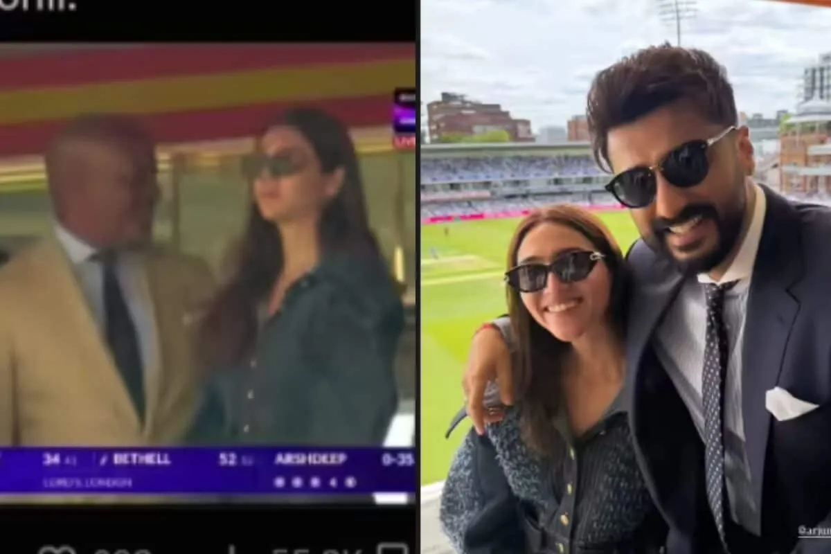 Sahiba Bali smiling warmly at a cricket match at Lord's, possibly in a stylish outfit, amidst a crowd.