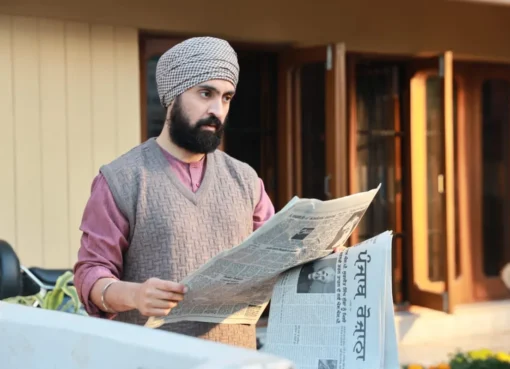 Diljit Dosanjh looking serious in a still from the film 'Satluj'.