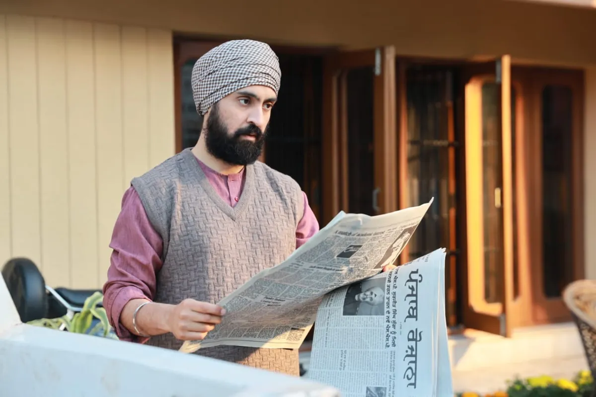 Diljit Dosanjh looking serious in a still from the film 'Satluj'.