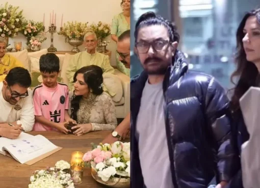 A composite image showing Aamir Khan and Gauri Spratt alongside scenes of Bajrang Dal protests.